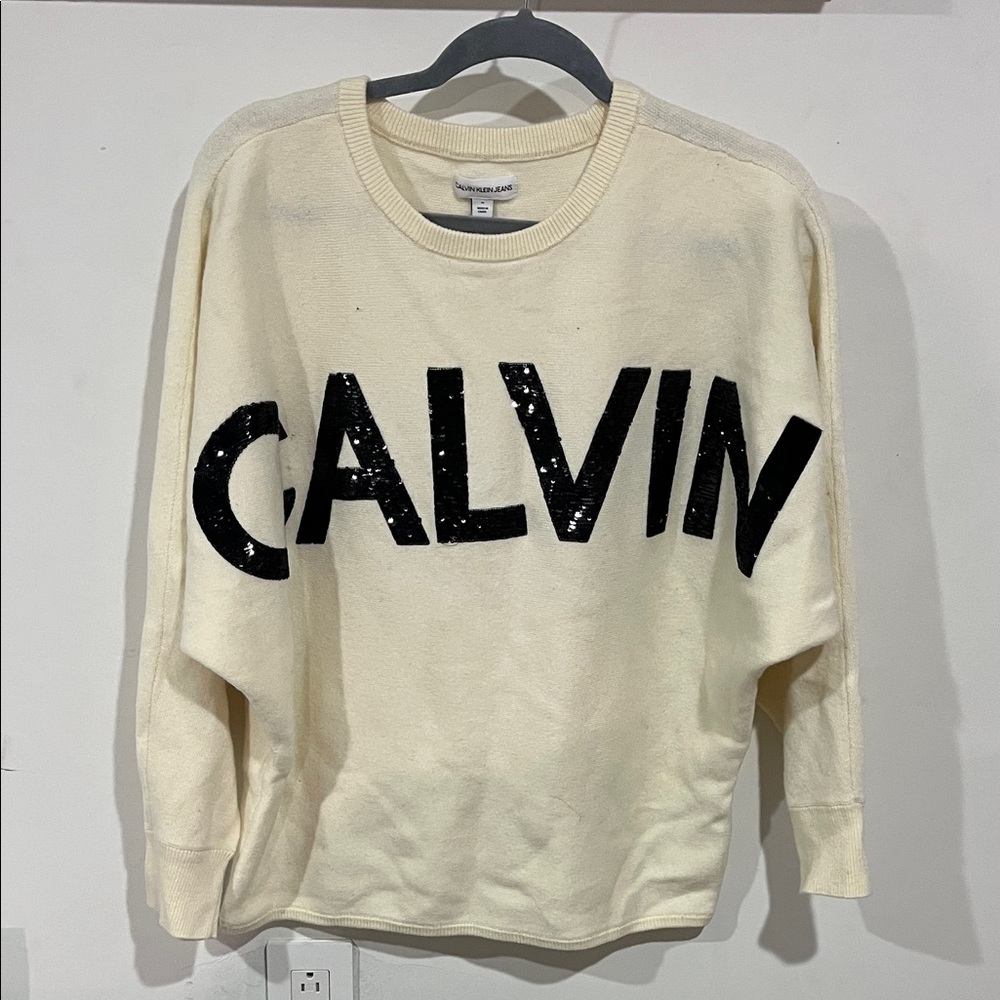 Calvin Klein Cream Sweater with Black Lettering